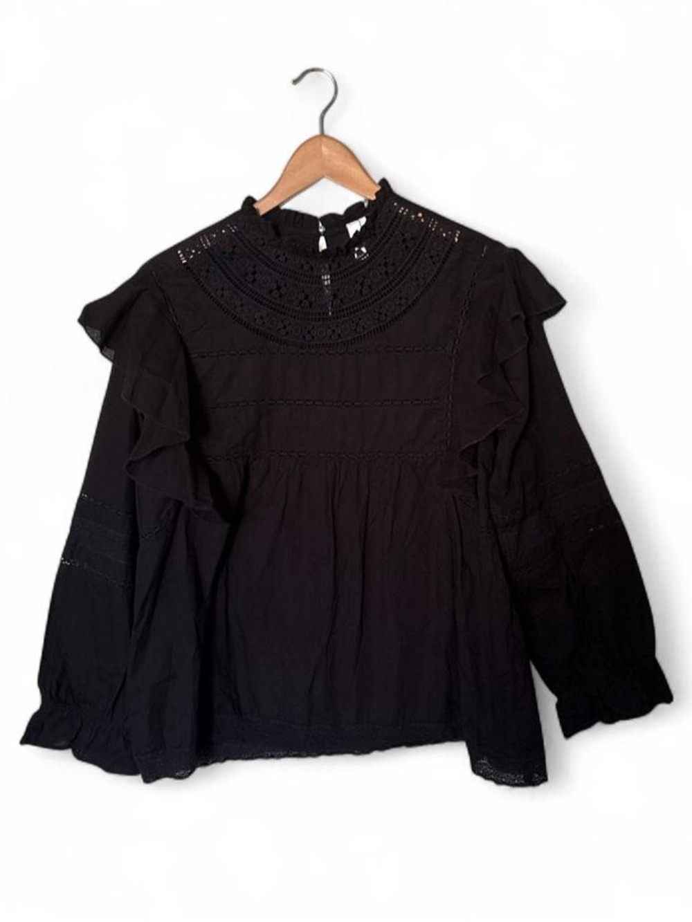 Vintage Cotton Victorian Style Black Cotton Blouse Ruffles Lace M Romantic Goth